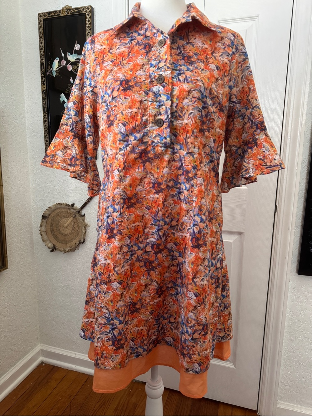 Dawn Bacchus Private Collection Sz S Floral 100% Cotton Dress Bell Sleeve Orange
